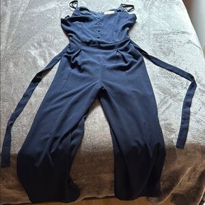 Monteau Blue Jumpsuit with Wide-Leg Pants and Belt